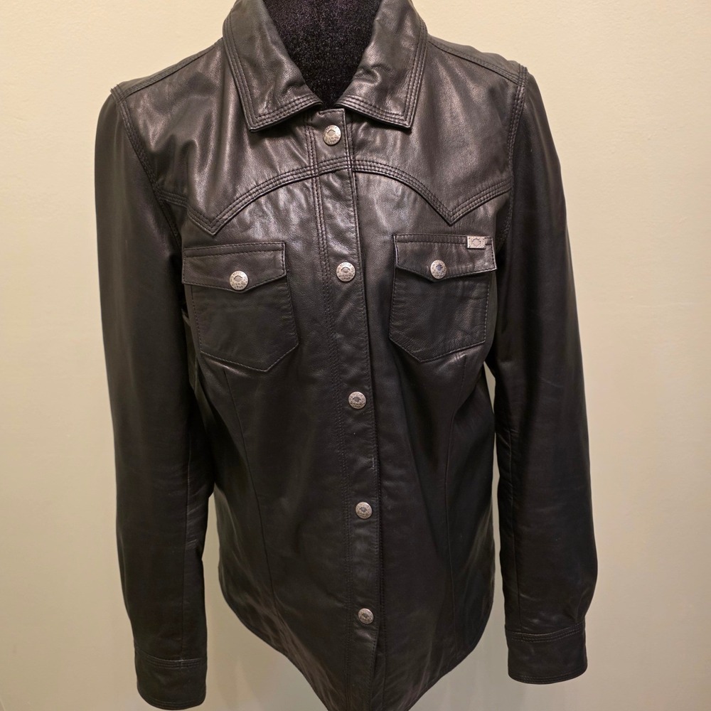 Harley-Davidson Womens Black Goatskin Leather Western Snap Front Shirt Jacket L